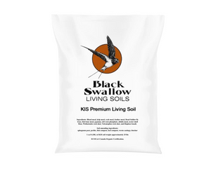 This product comes in a large white rectangular bag. An illustration of a black and white swallow in flight over a burnt orange circle. Centred under the logo image is the company's name, Black Swallow Living Soil, written in black letters. Directly below, list the product ingredients in black lettering.  
