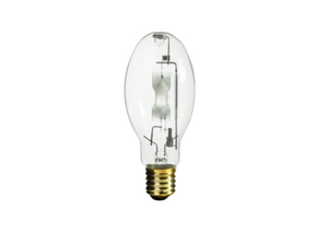 400w Sylvania Metal Hide Lamp. Oval shaped lightbulb with short cylindrical bottom, single light bulb shown on a white background. 