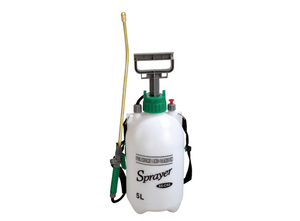 Greestar Pump Sprayer (1.3 Gallon) is an all-purpose sprayer ideal for herbicides, pesticides, liquid fertilizers and many home applications. Funnel top opening makes for easy filling. The sprayer bottle appears white in colour, with grey pump handle, gold nozzle, and black carrying strap. The base is made of translucent polyethylene for durability and easy viewing of liquid.
