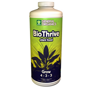 General Organics BioThrive Grow 4-3-3 BioThrive Grow provides plants with essential nutrients for roots, stems, and foliage. BioThrive Grow is ideal for all types of plants in all phases of growth. This product comes in a white cylindrical bottle, green label with a black silhouette of a plant in the centre.