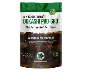 Bokashi Pro Gro is an organic, high-quality soil amendment that was developed to help replenish your soil. This product comes in a resealable pouch. The package is green on top, followed by white, with an illustration of layers of soil midway to the bottom of the package.