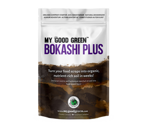 Bokashi Plus is a probiotic soil amendment, compost accelerator, and natural odour control that uses beneficial microbes in a fermented wheat bran base. This product comes in a resealable pouch. The package is white on top with an illustration of layers of soil midway to the bottom of the package.