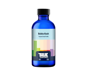 True Terpenes Bubba Kush descends from the south and wants to take you down to the bayou. This musky, coffee, fuel-filled profile has notes of pine and flowers.  This product comes in a blue bottle. The label has various coloured rectangles on it. 