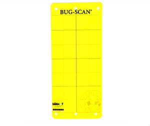 Bug-Scan Yellow Sticky Insect Trap Thrips / Leafminer (20 pack). Plates are made of durable, recyclable plastic with glue on both sides, rectangular in a shape with 3 holes on the top and bottom. The scan has 4 grids x 7 squares.
