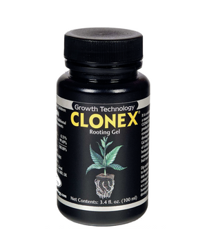 Clonex Rooting Gel. This is a front shot of the product in a black bottle with black ribbed lid. The label is black with a gray border with yellow writing. In the centre of the bottle is an image of a plant in a cube showing its roots. Clonex Rooting Gel is a high performance, water-based, rooting gel developed by Growth Technology Ltd. It is a tenacious gel which will remain in contact around the stem, actually sealing the cut tissue and then supplying the hormones needed to promote root cell development.