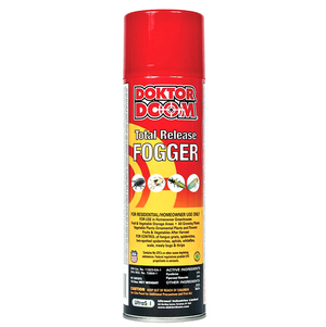 Doktor Doom Go Green Total Release Fogger. One application kills exposed stages of ticks, fleas, cockroaches, ants, spiders, mosquitoes, flies, bed bugs and two-spotted spider mites. Can be used as a continuous spray or manual spray. This product comes in a red and yellow can with a red lid. In the centre of the can are photos of 4 different kinds of insects.