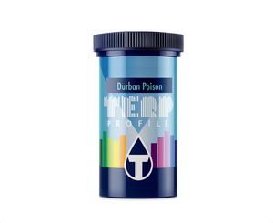 True Terpenes Durban Poison is a pure sativa known for its energy-giving, uplifting, creative effects. It has a sweet smell and a sweet, earthy, pine flavour. This product comes in a blue cylindrical bottle with a blue lid. The label has various coloured rectangles on it. 