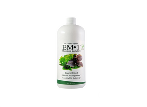 EM-1 This product comes in a predominantly white cylindrical bottle with a photo of various colour herbs in the centre of the bottle. On the top of the label, the product name “EM-1 Microbial Inoculant”  is written in black. 