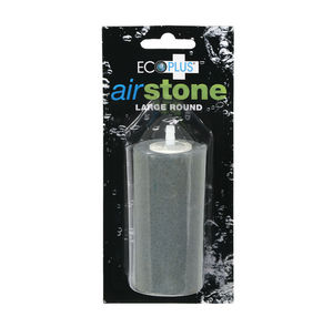 Ecoplus Air Stone Large. These great quality air stones aerate and add oxygen to the water in your reservoir or grow system. Circulates nutrients into the water and helps to maintain an even water temperature. This product comes in a black package with water bubbles on it, the stone is gray in colour, cylindrical in shape with a white tip.