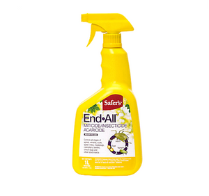 Safer's End All RTU comes in a yellow spray bottle, the whole bottle is yellow .The label has an image of various stages of bug life eggs, nymphs and adults.