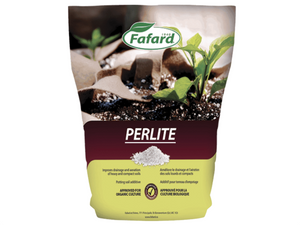 Fafard Perlite. Perlite improves drainage and aeration in heavy and compact soils. It promotes root development. Adding perlite to your potting soil reduces the weight of large containers, making them easier to handle. This product comes in a bag with images of plants in a perlite soil mixture. The bag is brown and yellow. 