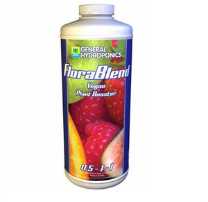General Hydroponics FloraBlend (0.5-1-1) contributes to more vigorous root systems and a stronger plant structure. A white cylindrical bottle with a large image of several fruits green apple, sliced orange and raspberries.