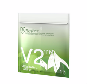 FloraFlex Nutrients V2 (1 lb) is part of a two part water soluble formula, providing essential nutrients needed for vigorous plant growth throughout the entire vegetative stage. At lower dosages V1 and V2 can be used as a base along with other additives. This product is shown on an angle, in a green and white square package with white leaves in the right corner.