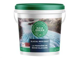 Gaia Green Glacial Rock Dust (2kg) is mined from a glacial moraine in Canada, and is the result of thousands of years of piedmont glacial action. This product comes in a white tub with a green lid with an image of rocks and a water way.