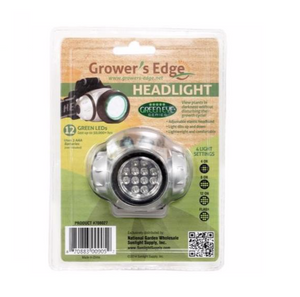Grower's Edge Headlight is a Go hands free with your lighting without disturbing your plants' photosynthesis process. This product comes in a clear package, with a green, brown and yellow label. The light is in the centre of the package. It’s silver and black.