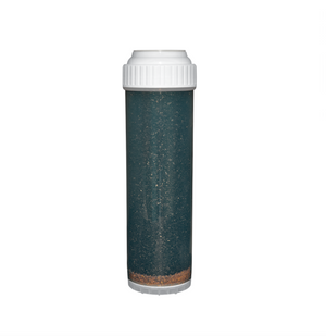 Hydrologic Stealth-RO / SmallBoy  KDF/Catalytic Carbon Filter Reduces iron, sulfur, chlorine, and heavy metals. This product comes in a clear container with a white lid, the filter is blue and brown.