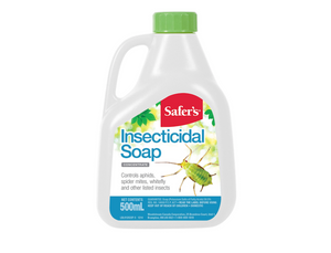 Safer’s Insecticidal Soap eliminates insect pests so your plants can grow healthy and strong. This product comes in a white juglike bottle with a green lid. The label is white with an image of a bug.
