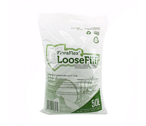 FloraFlex LooseFill Coco Bag 50L provides an easy to use solution to fill your PotPro pots with the same high quality organic coco used in our QuickFill bags. With a maximum water holding capacity of 60% there is no need to add perlite. This product comes in a white bag with a green lettering and an image of grass and an open coconut. 