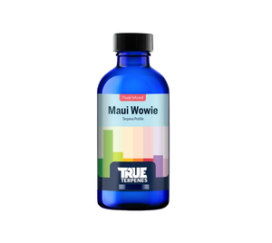 True Terpenes Maui Wowie Infused is inspired by the tropical paradise it takes its name from. This cultivar was originally bred in Hawaii where pineapples also call home. This product comes in a blue bottle. The label has various coloured rectangles on it.