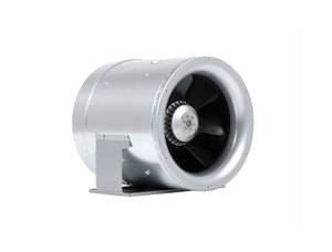 Max-Fan 10” 1052 CFM is the first fan that has been developed with a Computational Fluid Dynamics (CFD) program. CFDs are used for engineering aircraft propulsion engines. The fan is circular in shape, silver in colour with a mount. 