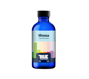 True Terpenes Mimosa’s lemony citrus aroma is incredibly uplifting and energizing while increasing focus and ease. This product comes in a blue bottle. The label has various coloured rectangles on it.