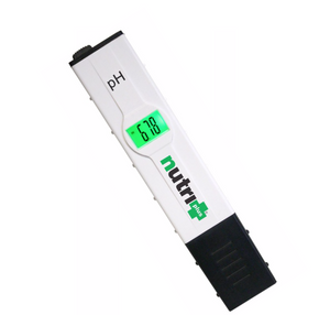 Nutri+ pH Quickcheck Tester. This product is rectangular in shape, has a white body, black top and bottom. The digital face is green with black numbers. This product’s dimensions are 151 x 33 x 20 mm and weighs 53 g. 
