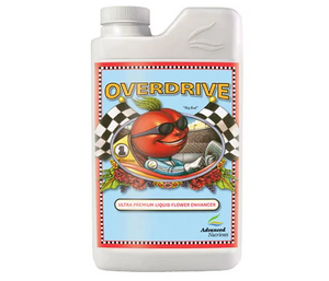 Advanced Nutrients Overdrive (1-5-4) a ultra-premium liquid flower enhancer for that extra edge you need in the last stages of plant growth. This product comes in a white rectangular bottle with a blue label with a solid red exterior border followed by a black & white checkered border. In the centre there’s a formula 1 race car driving tomato wearing sunglasses with two finish flags being them.