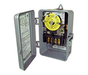 Precision CD-103 40amp 120v Clock Timer. This product is shown open, the box is silver, yellow dial, with copper components. 