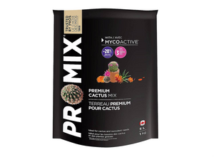 Pro-Mix Premium Cactus Mix is a peat-based Pro-Mix that provides optimized air porosity and fast water draining qualities while maintaining adequate water retention for cacti and succulent needs. This product comes in  a black pouch with white text down the side and images of cacti. 