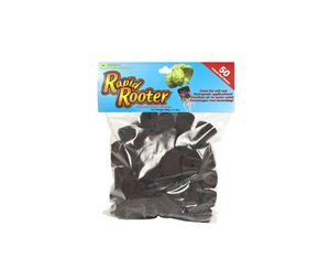 Rapid Rooters produces a unique matrix of peat moss and binders. With RapidRooter, you have the optimal air-to-water ratio within the plug matrix, which results in explosive early root growth. This product comes in a clear plastic pouch with a rectangular label, yellow text, with an image of what looks like basil in a rapid rooter with an abundance of roots. The product is cylindrical in shape smaller at the bottom, a hole in the centre & brown in colour. 