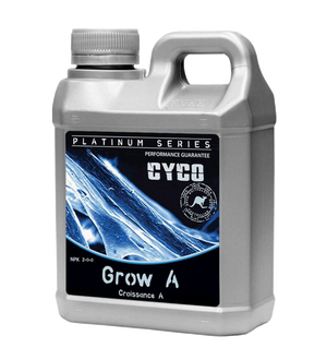 Cyco Platinum Series Grow A is the first of two parts to make up the base nutrient system for the vegetative growth stage of plant growth.This product comes in a 1L silver jug-like container with a black label and an electric blue image with text surrounding it.