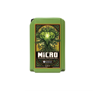 Emerald harvest - Micro. The product is rectangular in shape, green in colour with a black lid. The label has orange and black borders with a central image of a large green diamond with branches growing around it and several buds near the top. In the centre near the bottom there's large that says “Micro” with green roots on the letters.