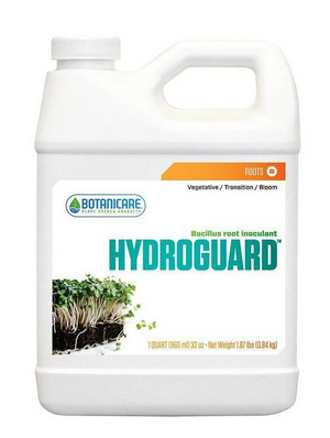 Botanicare Hydroguard is a natural bacterial (contains Bacillus amyloliquefaciens) root inoculant and water treatment that helps suppress and resist damping off diseases in soil and hydroponic gardens. This product comes in a 1L white jug-like container with a white label and a photo of sprouts in dirt off to the left. 