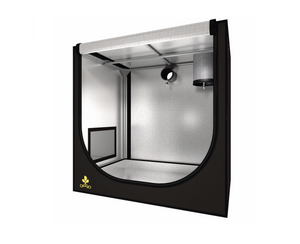 Secret Jardin Darkroom 3' x 2' x 3.3' Grow Tent is covered by a waterproof black canvas that has been lined with premium hammered effect silver mylar. This mylar coating makes the grow tent 95% lightproof and the hammered texture improves its ability to reflect usable light from the grow lamps. The tent is photographed open, black exterior and silver interior, square in shape. 