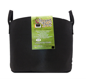 Smart Pot #15 is a soft-sided aeration container that air root prunes your plants. Air root pruning is a key component to a healthy fibrous root ball. Unlike plastic containers, roots do not circle. This product comes in a black cloth container, cylindrical in shape with handles and a green label. 