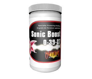 Optimum Sonic Boost (0-39-27) flowering Fertilizer is a water-soluble powder that delivers high levels of phosphorus and potassium to plants during flower and fruit development. This product comes in a white cylindrical bottle with a white lid, white label, red border black centre with a pink flower. 