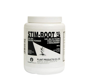 Stim-Root No. 3 has been proven to aid in the rooting of hardwood cuttings such as euonymus, grapes, privet, cedars, etc. Stim-Root, like other rooting hormones, will not make roots grow, rather it enhances the plants own ability to produce roots by supplying plant hormone at the point of rooting to help initiate root development. This product comes in a white cylindrical bottle that has a black and white label with an illustration of a plant with roots on it. 