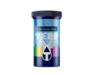 True Terpenes Super Lemon Haze is a hybrid of Lemon Skunk and Super Silver Haze. This product comes in a blue cylindrical bottle. The label has various coloured rectangles on it.