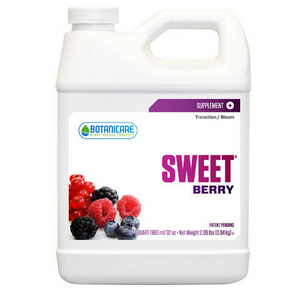 Botanicare Sweet Original Berry is specially formulated to produce beneficial results during all phases of plant growth. This product comes in a white jug-like container with a white label and a photo of raspberries, blueberries, and blackberries. 