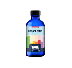 True Terpenes Banana Kush is a sweet, tropical indica-dominant blend that gives a soothed, uplifted, creative focus. This product comes in a blue bottle with multi coloured rectangles on the label. 