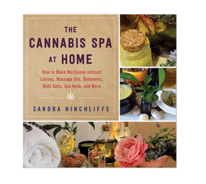 The Cannabis Spa at Home contains more than seventy-five cannabis spa recipes free of preservatives and major allergens that can be prepared in the home kitchen or professional spa with wholesome herbal ingredients. This is an image of the book cover with several images of spa-like preparations (creams, ointments and oils).