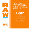Raw Yucca 100% yucca schidigera extract. Make your water wetter and improve your plant nutrition with Raw Yucca. This is a close up image of the label (orange & white), it has an image of a tree “Yucca Flow” text  in the centre with roots coming out the bottom. 