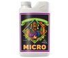 Advanced Nutrients pH Perfect Micro (1-0-4,) Micro is part of a 3-part premium base nutrient trio precisely formulated to give your high-value crops This product comes in a white rectangular bottle with a black label surrounded by at thin white and purple border in centre of the label there's a farmer gorilla holding a spade and a large purple tomato. 