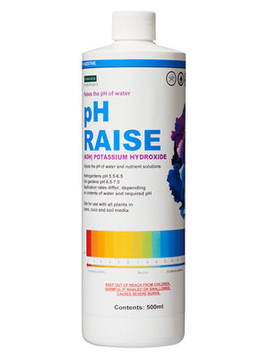 pH Raise,Raises the pH of water. Safe for use with all plants in hydro, coco, and soil media. This product comes in a white cylindrical bottle with a blue top border, pH colour chart, and purple and blue flowers off to the left. 
