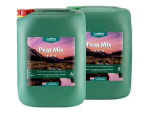 Canna Peat A (8-0-4) & B (4-2-6) is a professional nutrient for peat base mediums throughout the vegetative and flowering plants phase. These products come in two rectangular green bottles with a red lid (A) and a green lid (B). The label has a scenic image of peat bogs with a pink sunset. 