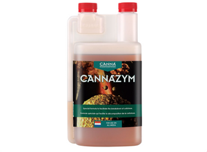 Canna Cannazym (0-2-1) is a special formula to facilitate the breakdown of cellulose. This product comes in a rectangular bottle with two red lids. The label is black with yellow images.