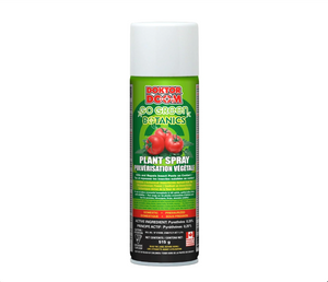 Doktor Doom Go Green Botanics Plant Spray. Kills and repels insect pests on contact. Use for spotted mites, exposed thrips, leaf-hoppers, aphids, whiteflies, and Japanese beetles. Contains a botanical insecticide derived from the Chrysanthemum flower. Sprays in all directions, even upside down. This product comes in a can with a white lid, with a photograph of three tomatoes in the centre. 