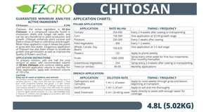 This is the product label. On the top left side the “EZ-GRO” logo which consists of a small horizontal green leaf flowing into ombre green capital letters. Underneath is the guaranteed minimum analysis and a brief product write up. On the right side of the label the instructions and application rate are listed for various crops. 