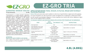 This is the product label. On the top left side the “EZ-GRO” logo, which consists of a small horizontal green leaf flowing into ombre green capital letters. Underneath is the guaranteed minimum analysis and a brief product write-up. On the right side of the label, the instructions and application with rate are listed, for various crops. 