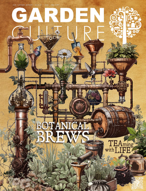 Magazine cover titled 'Garden Culture' featuring botanical and steampunk design elements.